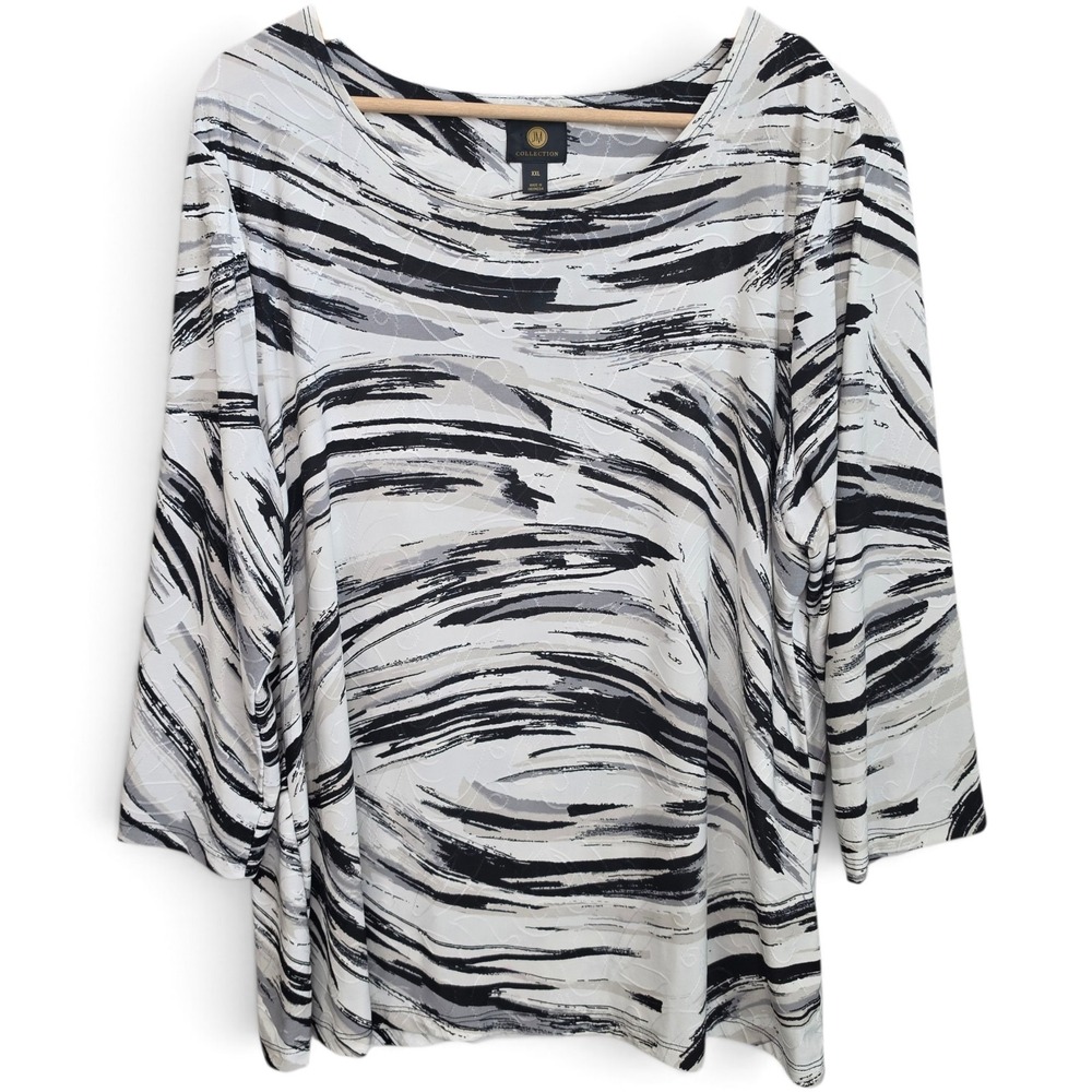 JM Collection Women 2XL Top Blouse Jacquard Textured Knit 3/4 Sleeve Black